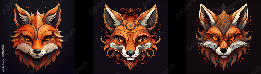 Three stylized fox heads on a dark background. One is simple, while the other two feature intricate patterns. Three stylized fox heads on a dark background. One is simple, while the other two feature intricate patterns.