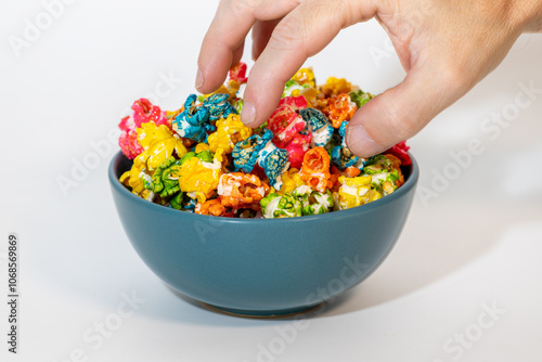 Hand reaching for colorful popcorn in a blue bowl. Vibrant close-up of sweet snack. Perfect for food and fun themes. photo