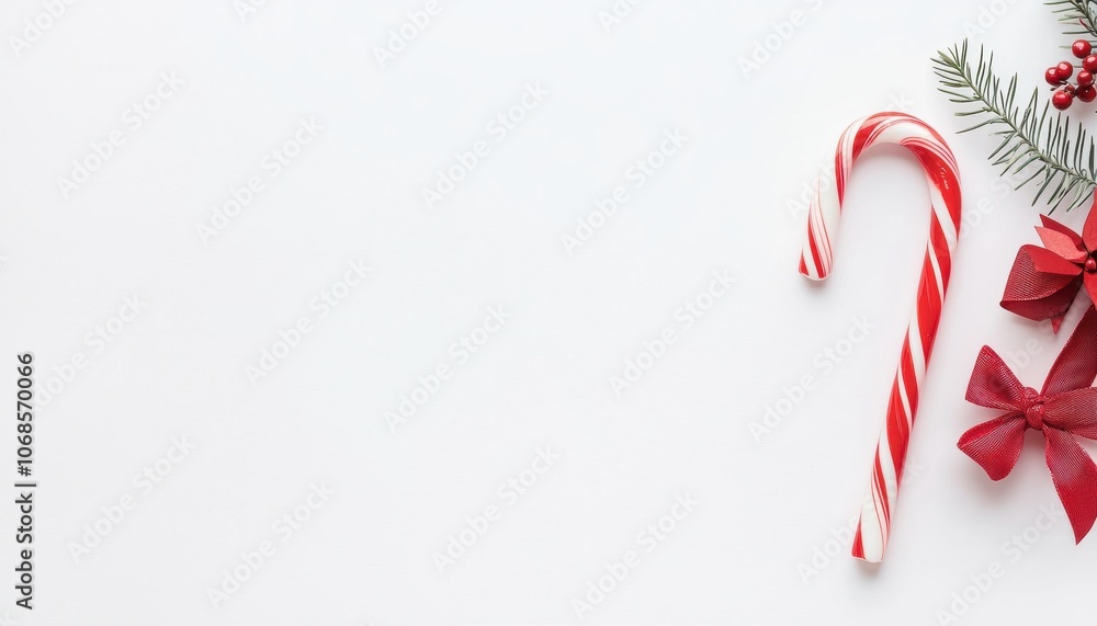 a red and white candy cane with a bow, sweet treat and classic Christmas decor, isolated on white background a red and white candy cane with a bow, sweet treat and classic Christmas decor, isolated on white background