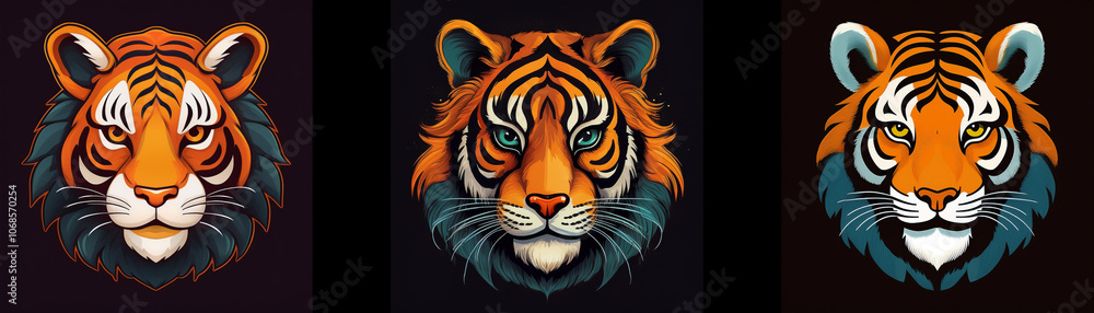 Three tiger heads with different colored fur and eyes. Three tiger heads with different colored fur and eyes.