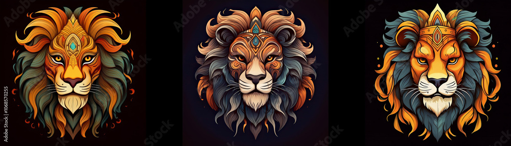 Three lion heads with intricate details. Three lion heads with intricate details.