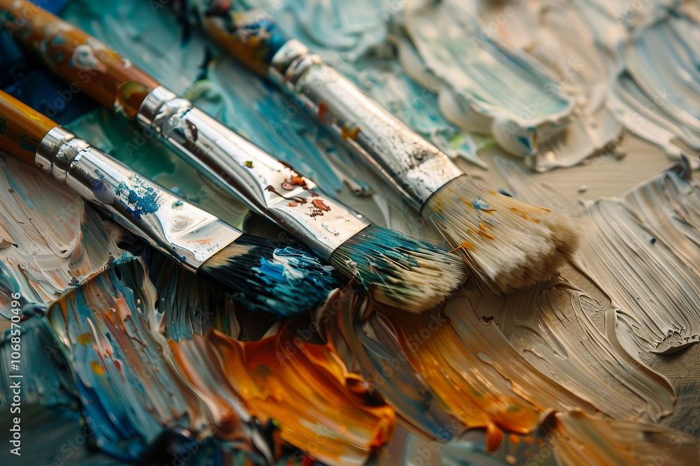 Fototapeta premium Generative AI image of talented artist passionately painting with vibrant colors on a large canvas in an art studio