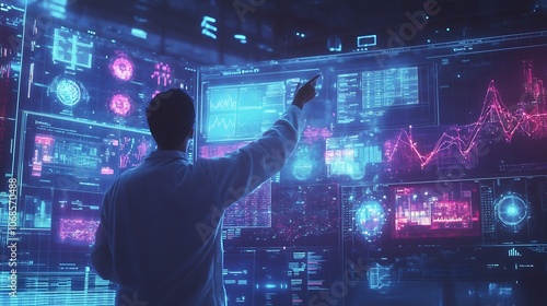 A person interacts with a wall of glowing digital screens displaying data, graphs, and charts.