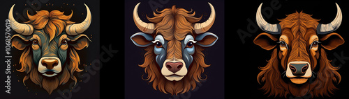 Three bull heads with horns, detailed fur, and a dark background.