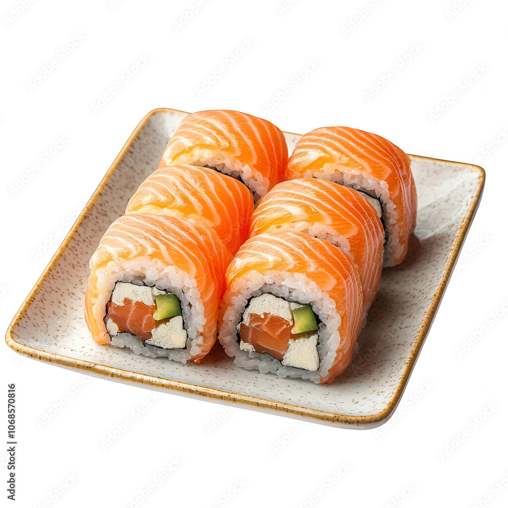 Delicious sushi rolls with fresh salmon and avocado on a white plate, PNG, Transparent no background, Isolated white background Delicious sushi rolls with fresh salmon and avocado on a white plate, PNG, Transparent no background, Isolated white background