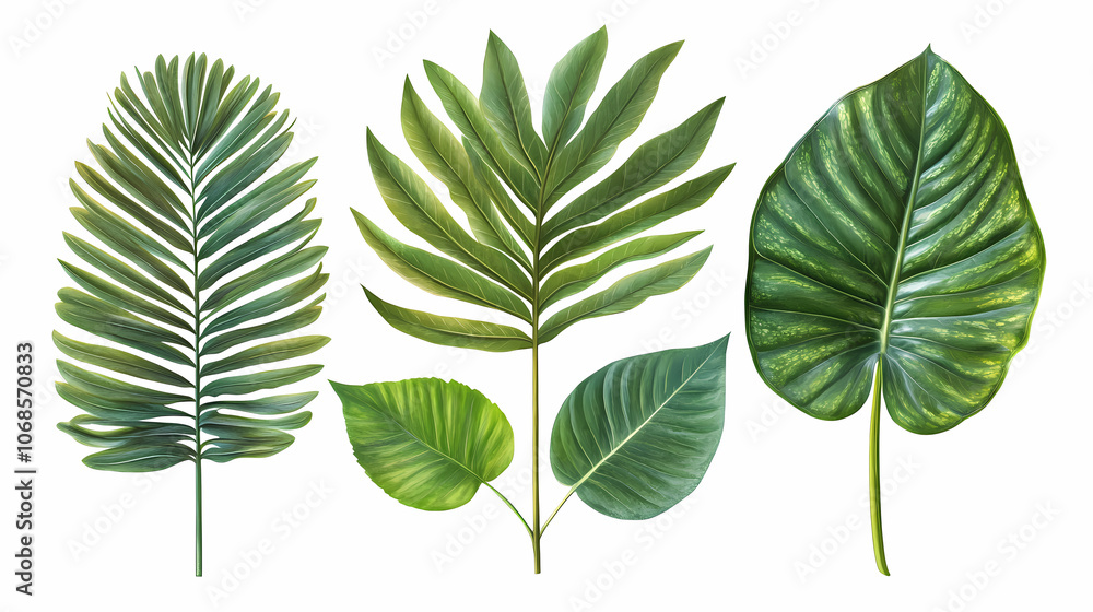 Tropical leaves on a white background, realistic studio photo Tropical leaves on a white background, realistic studio photo