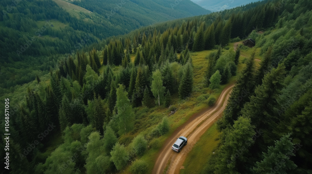 Aerial view of a scenic winding mountain road cutting through a lush verdant forest landscape with towering peaks in the distance This picturesque Aerial view of a scenic winding mountain road cutting through a lush verdant forest landscape with towering peaks in the distance This picturesque