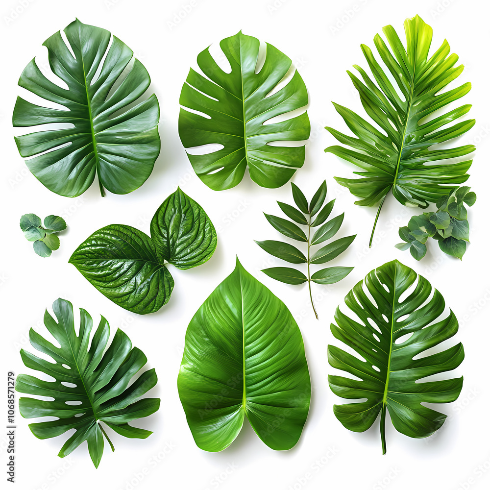 Fototapeta premium Tropical leaves on a white background, realistic studio photo