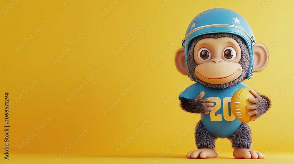 A cute cartoon chimpanzee in a blue football uniform and helmet holds a football against a yellow background. A cute cartoon chimpanzee in a blue football uniform and helmet holds a football against a yellow background.