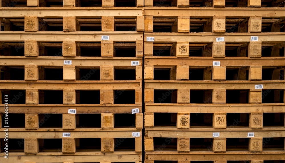 Rows of stacked pallets with labels organized for easy replenishment logistics efficiency warehouse inventory management Rows of stacked pallets with labels organized for easy replenishment logistics efficiency warehouse inventory management