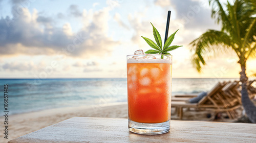 A glass of red drink with a black straw and a leaf on top