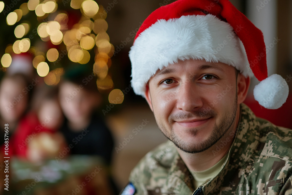 Generative AI image of military man or woman in Santa hat during holiday celebration family, perfect for festive homecoming themes Generative AI image of military man or woman in Santa hat during holiday celebration family, perfect for festive homecoming themes