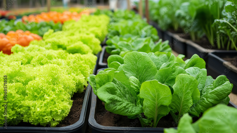 The image showcases a variety of fresh green leafy vegetables grown in a hydroponic greenhouse highlighting the abundance and vitality of organic farming practices that promote sustainability The image showcases a variety of fresh green leafy vegetables grown in a hydroponic greenhouse highlighting the abundance and vitality of organic farming practices that promote sustainability