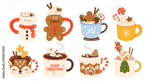 Set of cute Christmas Mugs in shape of gingerbread, snowman. Сacao with whipped cream, marshmallow and candy cane. Seasonal flavored products, cards for New Year or winter holidays. Vector flat
