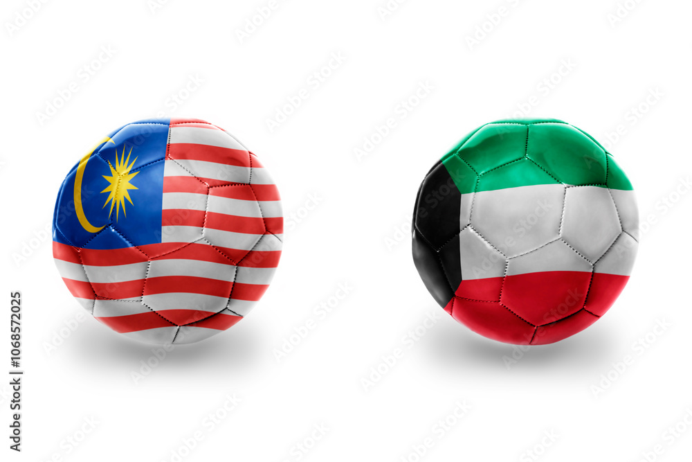 Obraz premium football balls with national flags of kuwait and malaysia ,soccer teams. on the white background.