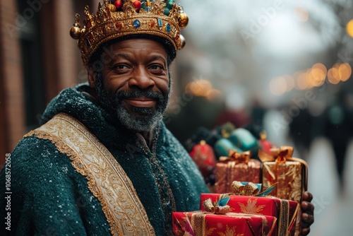 Man dressed as King Balthazar holding Christmas gifts for Epiphany celebration photo