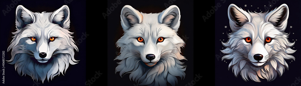 Three white wolf heads with orange eyes stare directly at the viewer. Three white wolf heads with orange eyes stare directly at the viewer.