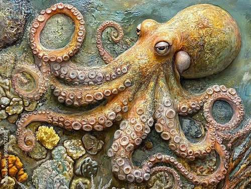 Wallpaper Mural Realistic octopus surrounded by coral in ocean artwork. Torontodigital.ca