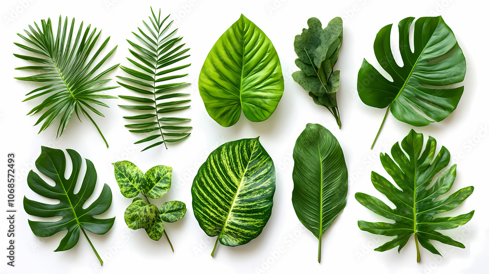 Tropical leaves on a white background, realistic studio photo Tropical leaves on a white background, realistic studio photo