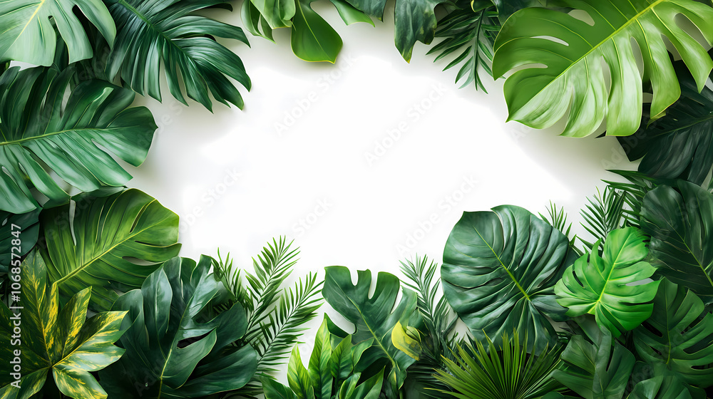 Tropical leaves on a white background, realistic studio photo Tropical leaves on a white background, realistic studio photo