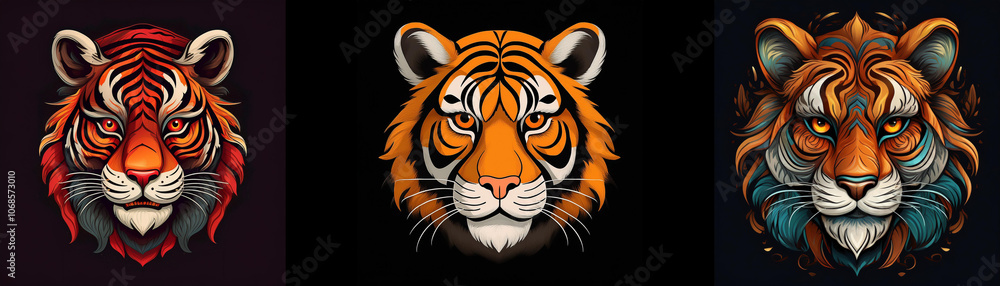 Fototapeta premium Three tiger head illustrations in different styles on a black background.