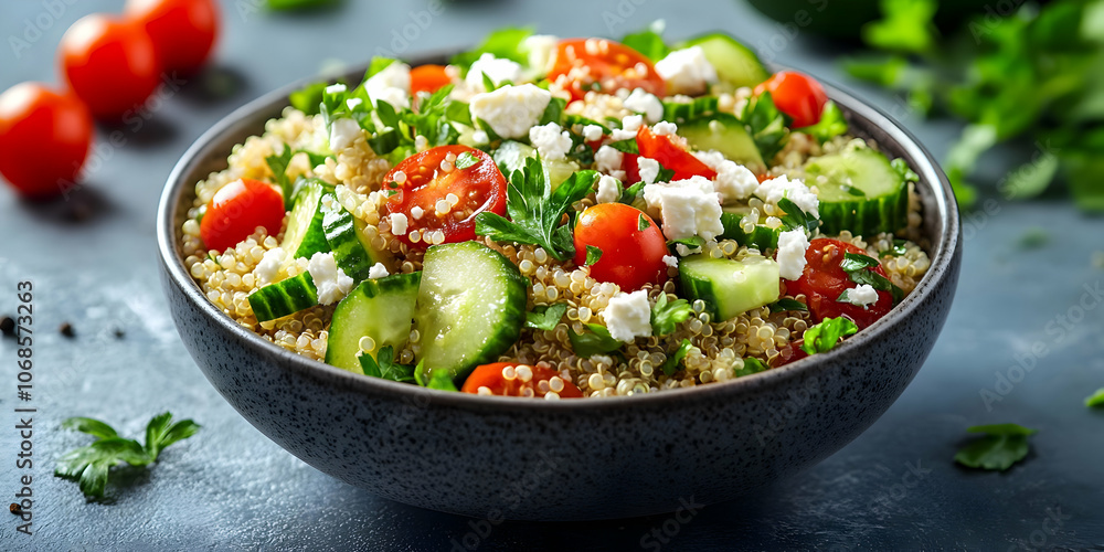 Photo Quinoa Salad with Cucumber, Tomatoes, Feta Cheese Photo Quinoa Salad with Cucumber, Tomatoes, Feta Cheese