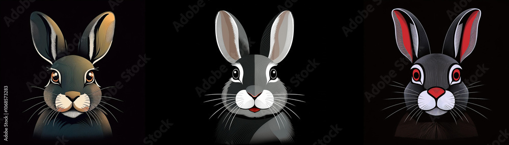 Fototapeta premium Three rabbits with different colored ears are against a black background.