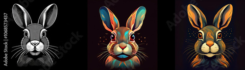 Three different depictions of a rabbit, one in grayscale, one with colorful patterns, and one with a vibrant orange hue.