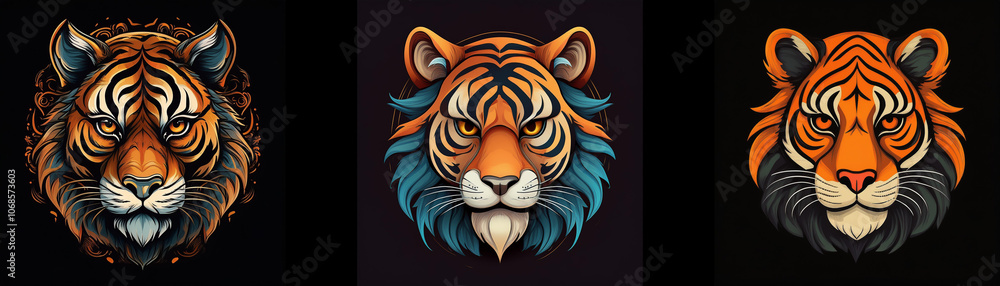 Three tiger heads with intricate detail, varying in color and style, set against a black background. Three tiger heads with intricate detail, varying in color and style, set against a black background.