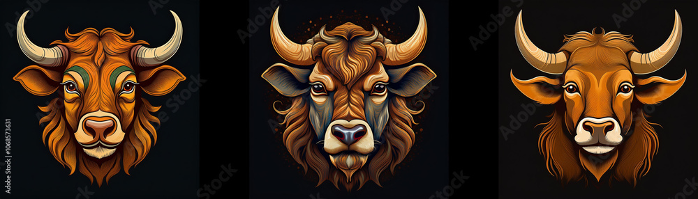 Three bull heads with varying expressions are positioned in a row against a dark background. Three bull heads with varying expressions are positioned in a row against a dark background.