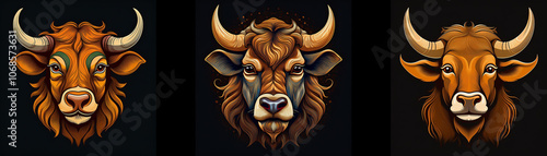 Three bull heads with varying expressions are positioned in a row against a dark background.