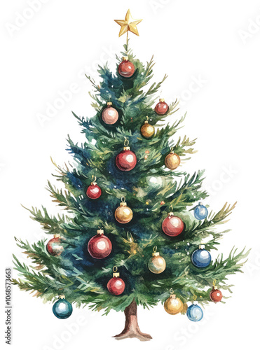 PNG Christmas tree with christmas ornaments watercolor illustration celebration.