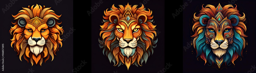 Three intricately detailed lion head illustrations with colorful patterns. Three intricately detailed lion head illustrations with colorful patterns.