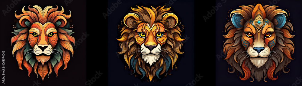 Obraz premium Three lion heads with intricately detailed manes and faces, rendered in vibrant colors against a dark background.