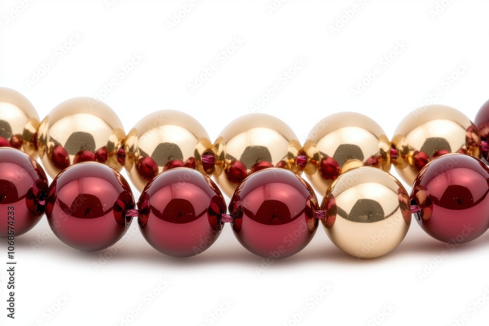 a string of gold and red beads, festive garland for decorating trees or mantels, shiny and cheerful, isolated on white background a string of gold and red beads, festive garland for decorating trees or mantels, shiny and cheerful, isolated on white background