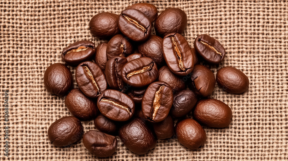 A close-up of freshly roasted coffee beans scattered on burlap, showcasing their deep brown hues and natural shine