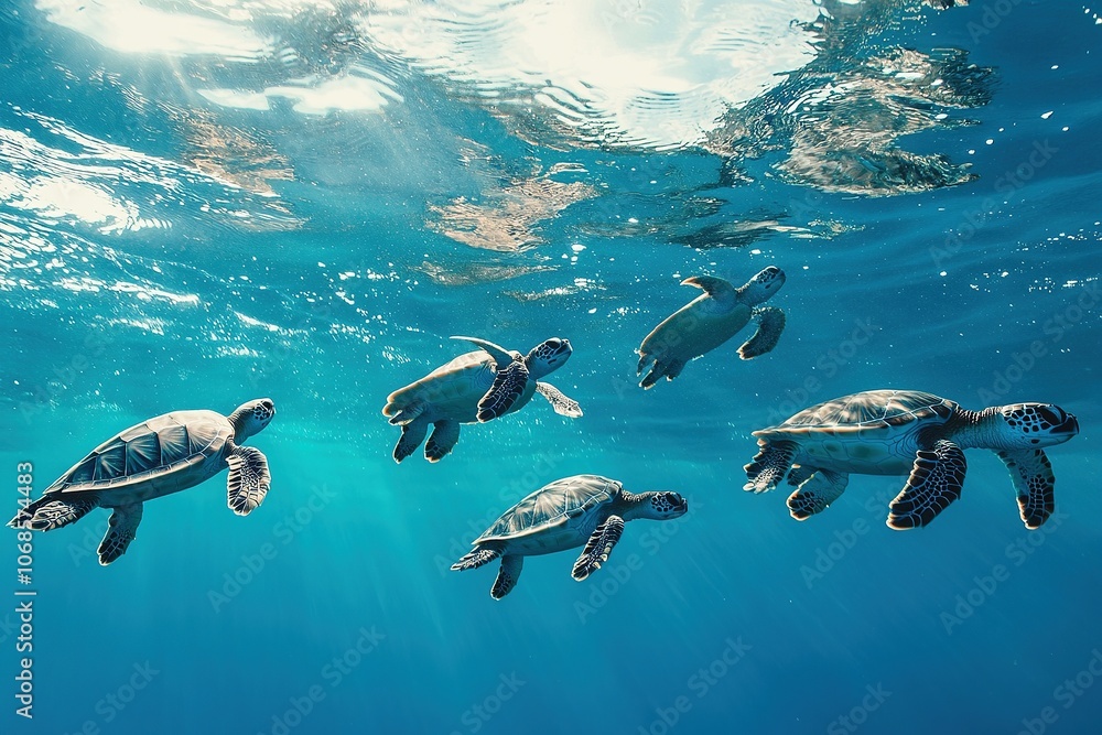 Fototapeta premium Sea turtles swimming peacefully in ocean water.
