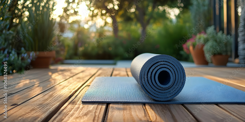 Photo Rolled Blue Yoga Mat Wooden Deck Garden Sunset Photo Rolled Blue Yoga Mat Wooden Deck Garden Sunset