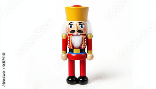 a wooden nutcracker with colorful outfit, classic Christmas figure, holiday tradition, isolated on white background