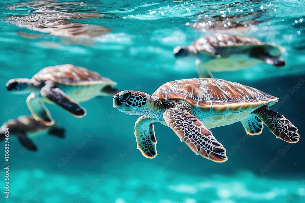 Fototapeta premium Sea turtles swimming peacefully in ocean water.