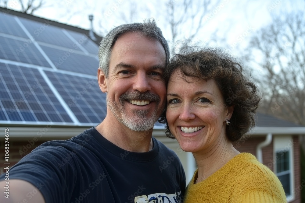Happy homeowners smiling with new solar panel installation on roof Happy homeowners smiling with new solar panel installation on roof