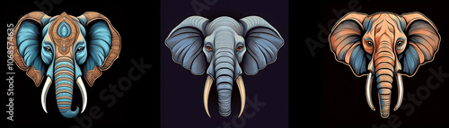 Three stylized elephant heads, each with unique colors and patterns, are presented against a black background. photo