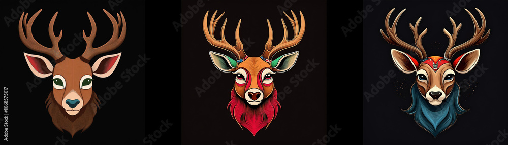 Three stylized deer heads with antlers, each with different color schemes and adornments. Three stylized deer heads with antlers, each with different color schemes and adornments.