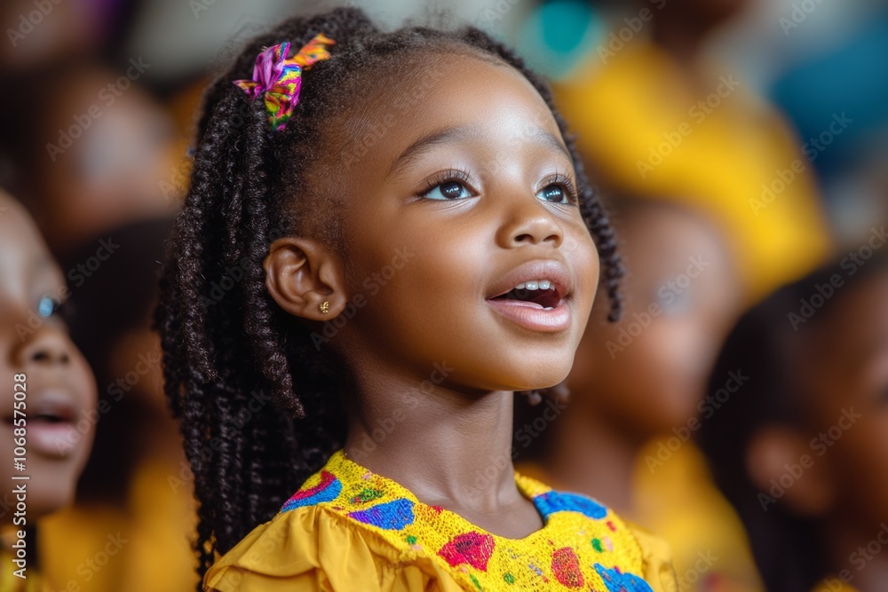 Adorable young african girl singing with open mouth, wearing a yellow dress and colorful braids, participating in a choir Adorable young african girl singing with open mouth, wearing a yellow dress and colorful braids, participating in a choir