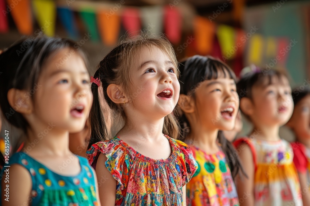 Adorable asian children singing a song together with joy and enthusiasm during music class in their preschool Adorable asian children singing a song together with joy and enthusiasm during music class in their preschool