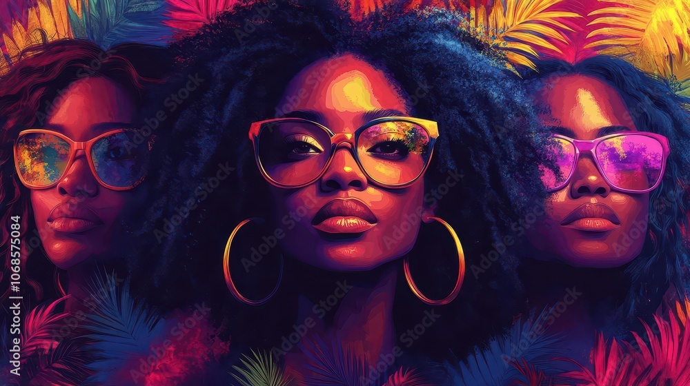 flat-style illustration of diverse african american women, united in strength and empowerment, radiating positivity and community spirit through vibrant colors and playful elements flat-style illustration of diverse african american women, united in strength and empowerment, radiating positivity and community spirit through vibrant colors and playful elements