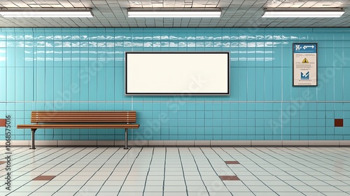 Vertical blank billboard on a subway station wall with bright lighting and a minimalist design, perfect for transit advertising photo