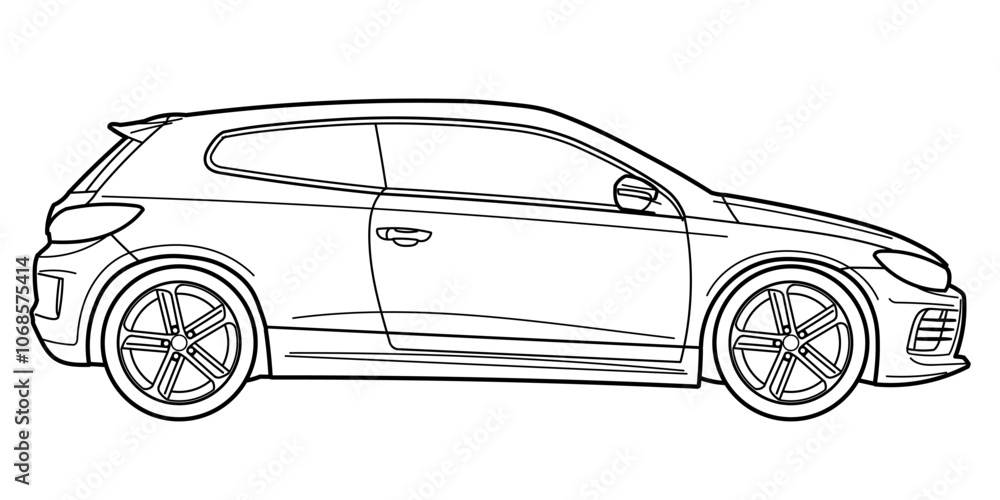 Outline drawing of a hatchback sport car from side view. Classic style. Vector outline doodle illustration. Design for print or color book Outline drawing of a hatchback sport car from side view. Classic style. Vector outline doodle illustration. Design for print or color book