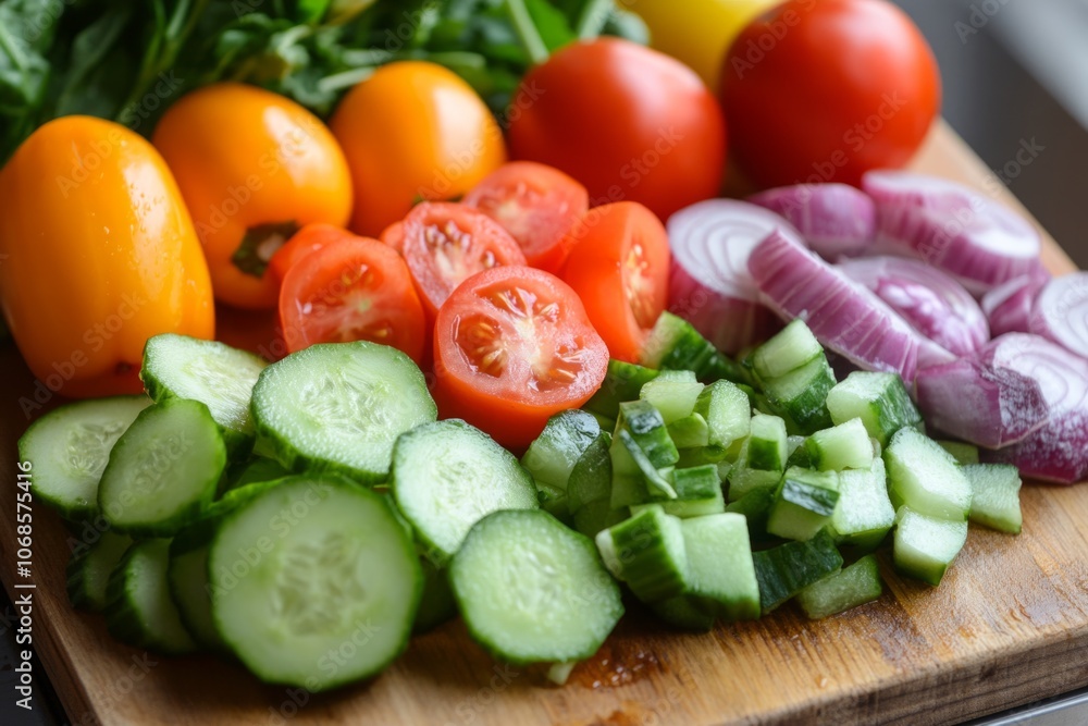 Sliced and diced cucumbers, tomatoes, onions, and peppers create a vibrant display on a wooden cutting board, ready for a healthy meal