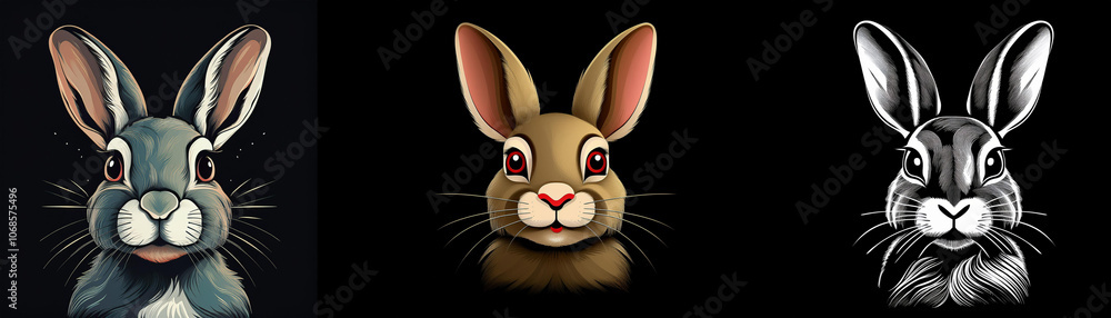 A rabbit with brown fur, blue fur, and a white outline is seen facing forward on a black background. A rabbit with brown fur, blue fur, and a white outline is seen facing forward on a black background.